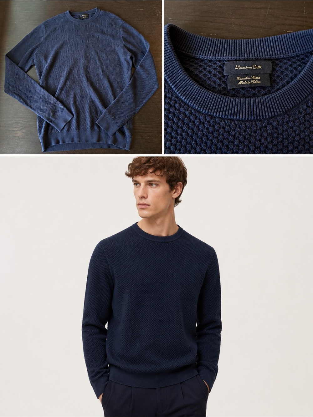 Men's Navy Crewneck Textured Sweater - Massimo Dutti